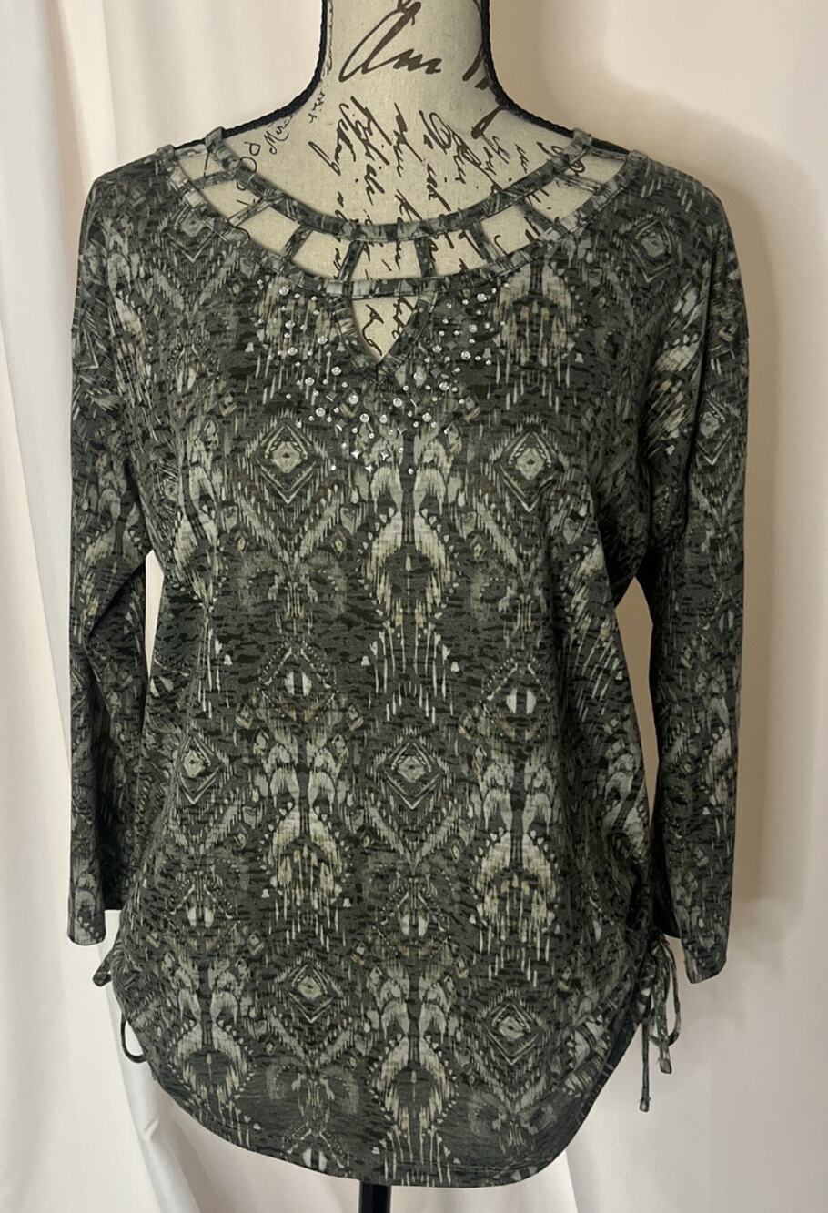 Erika Ikat Geometric Rhinestone Strappy Neck Ruched Drawstring Top Women’s Small